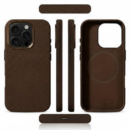 Pixxelcase® Alcantara-Leder iPhone-Hülle für 13–16 Pro Max | DUNKELBRAUN