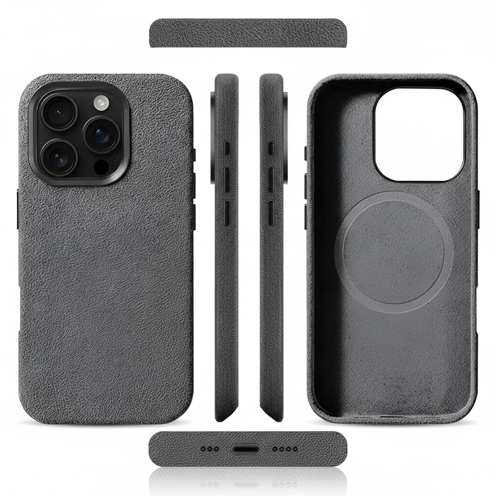 Pixxelcase® Alcantara-Leder iPhone-Hülle für 13–16 Pro Max | HELLGRAU