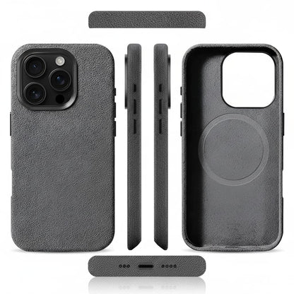 Pixxelcase® Alcantara-Leder iPhone-Hülle für 13–16 Pro Max | HELLGRAU