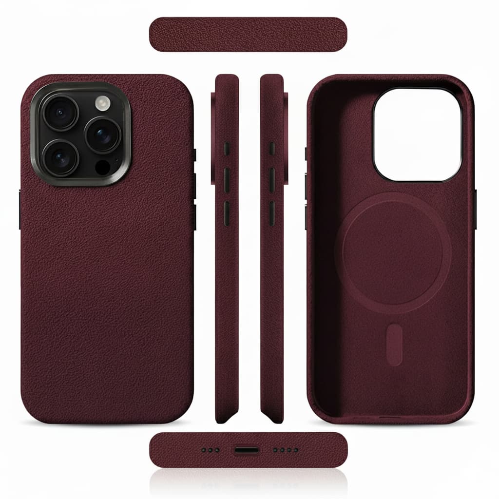 Pixxelcase® Alcantara-Leder iPhone-Hülle für 13–16 Pro Max | WEINROT