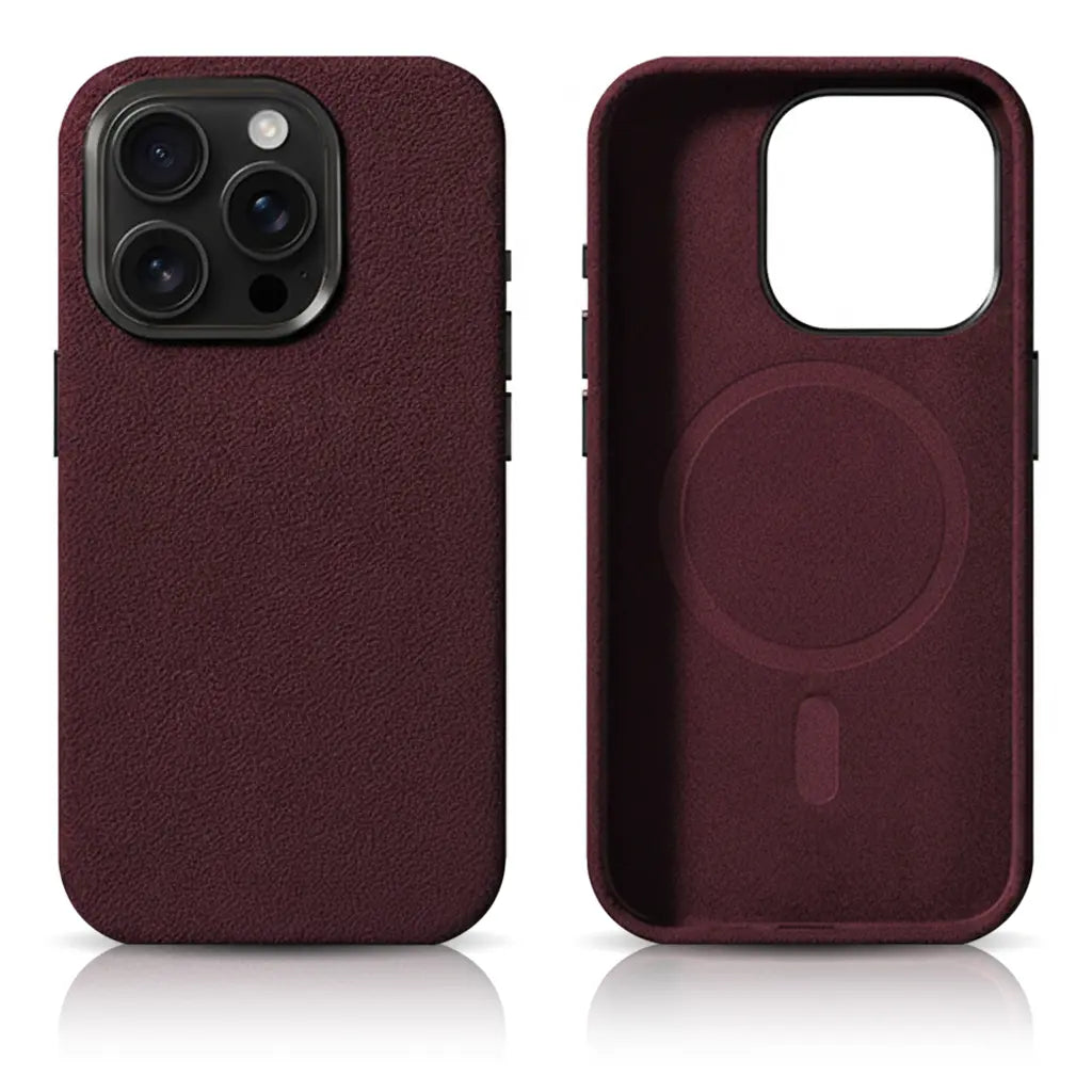 Pixxelcase® Alcantara-Leder iPhone-Hülle für 13–16 Pro Max | WEINROT